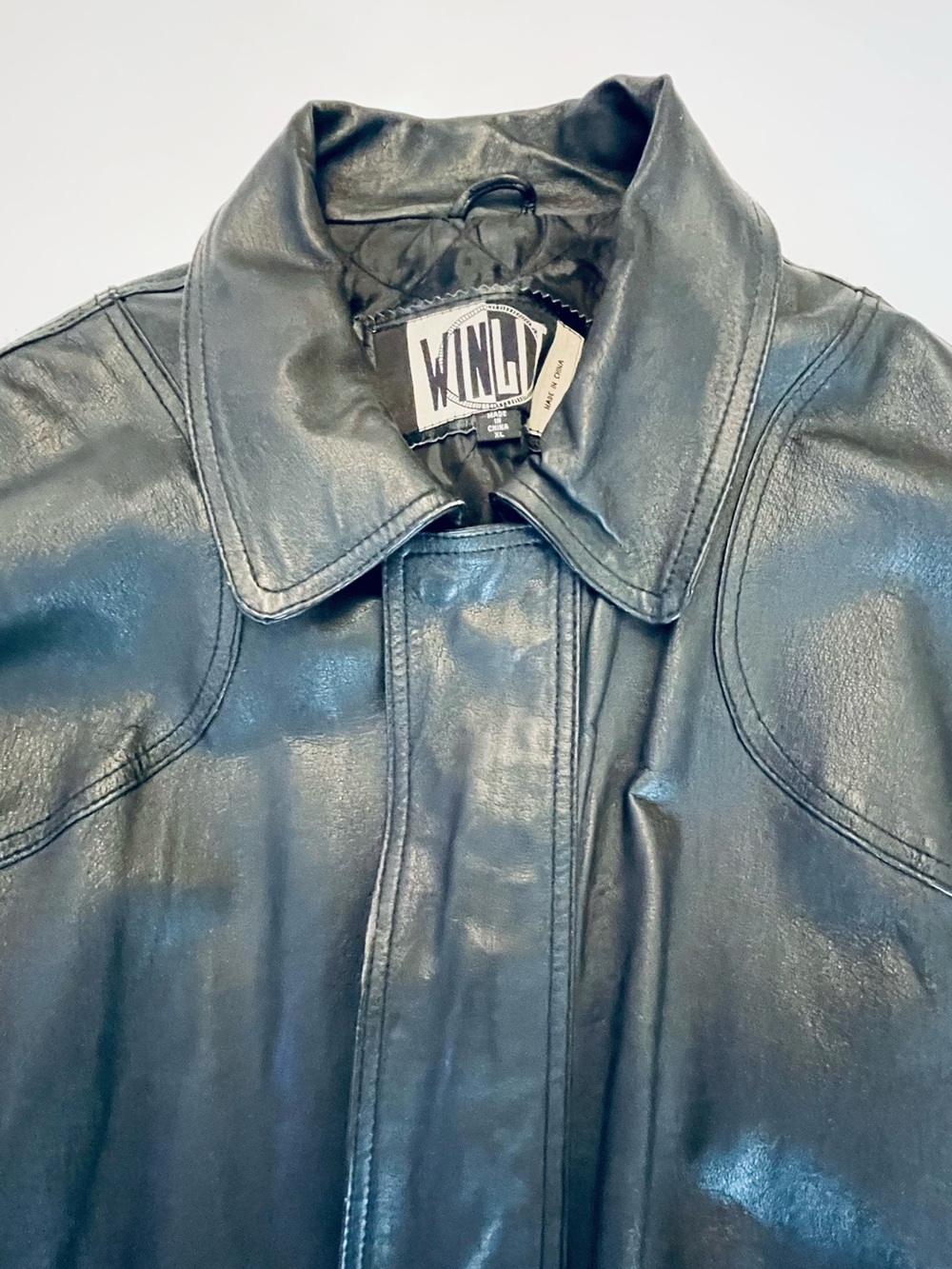 WINLIT, Vintage. Black Leather Jacket with Classic Collar